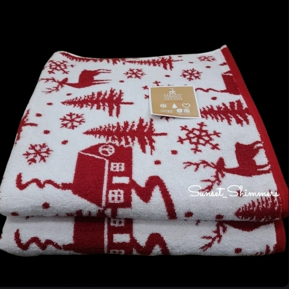 x4 Deborah Connolly Cozy Cabin  Snowflake Reindeer Christmas Bath Hand Towel Set